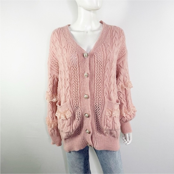 ROMWE Sweaters - Romwe Kawaii Pink Cable Knit Lace Pearl Button Down Sweater Cardigan S